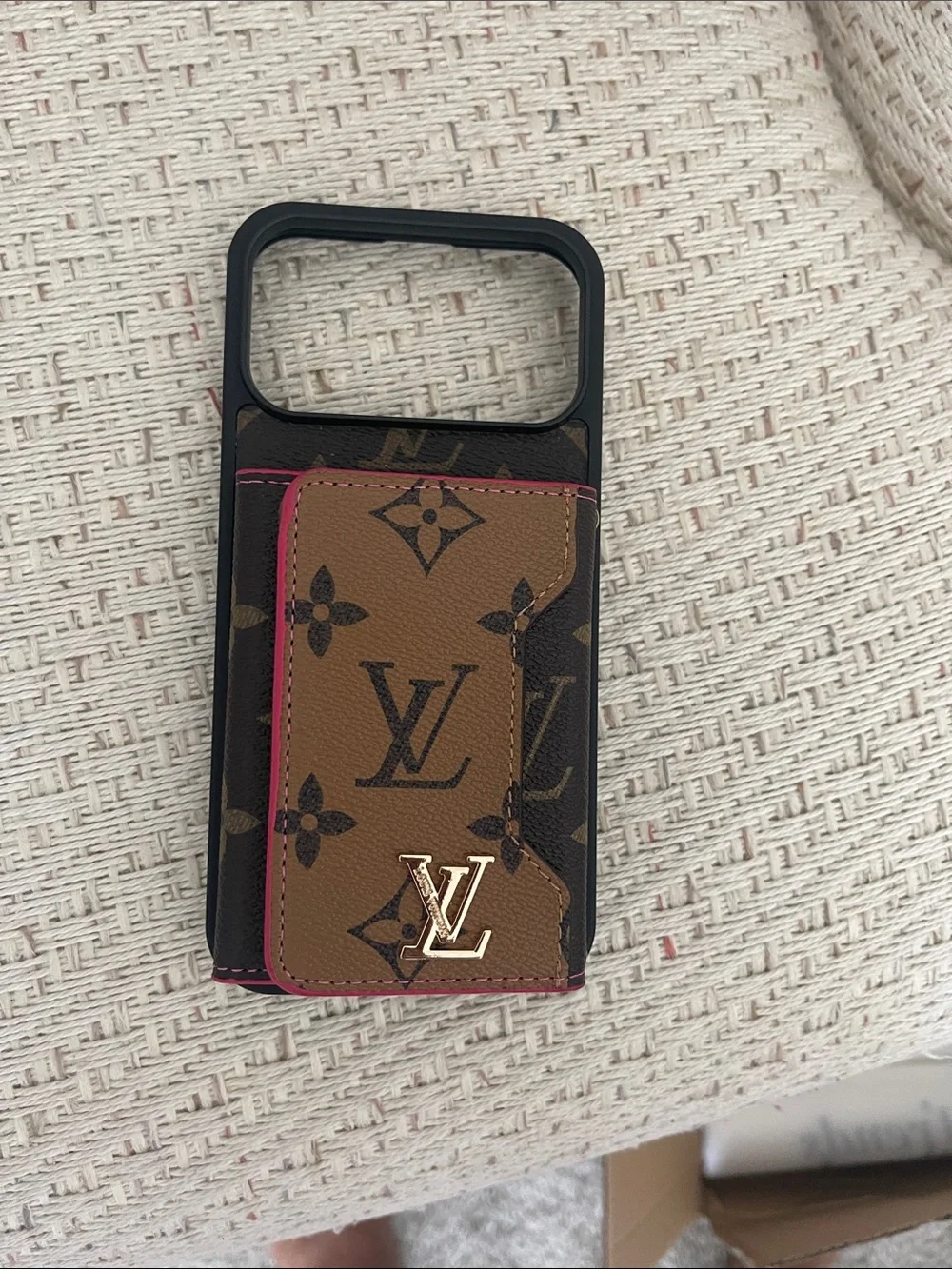LV. Pro Max Monogram Cardholder Phone Case with Pink Trim and Brown Strap